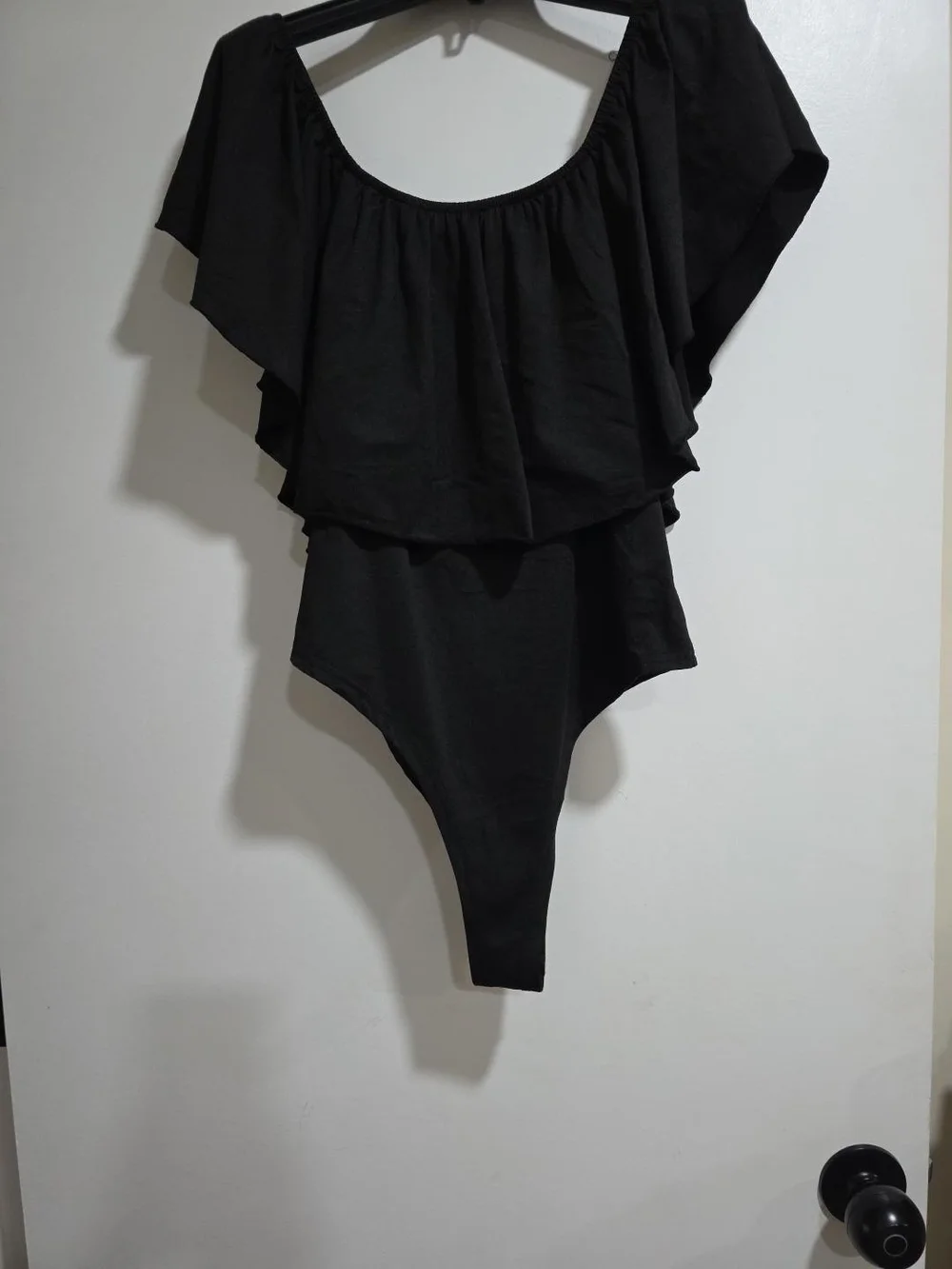 SHEIN QINS Black Ruffle Overlay Bodysuit Off Shoulder 1XL